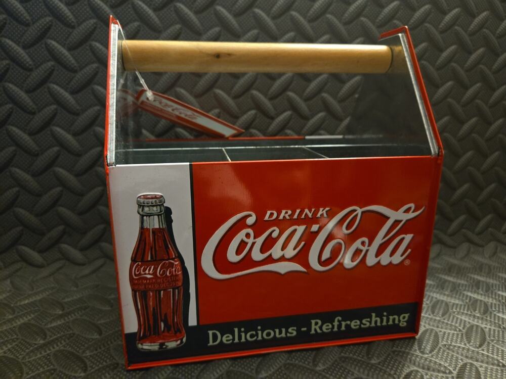 2010 Coca-Cola Metal Carry Caddy Wooden Handle Coke Organizer W/ Tag 10"